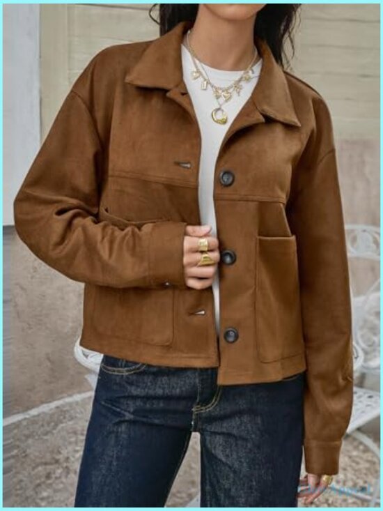 Cropped Faux Suede Jacket Lapel Collar Button Down Lightweight Shacket - Picture 2 of 6